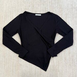 Oak + Fort Long Sleeve Black Faux Wrap Ribbed Knit Top M Asymmetric